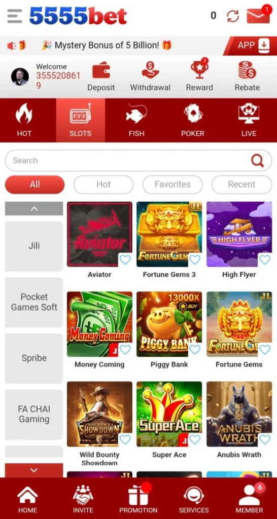 5555Bet Game interface