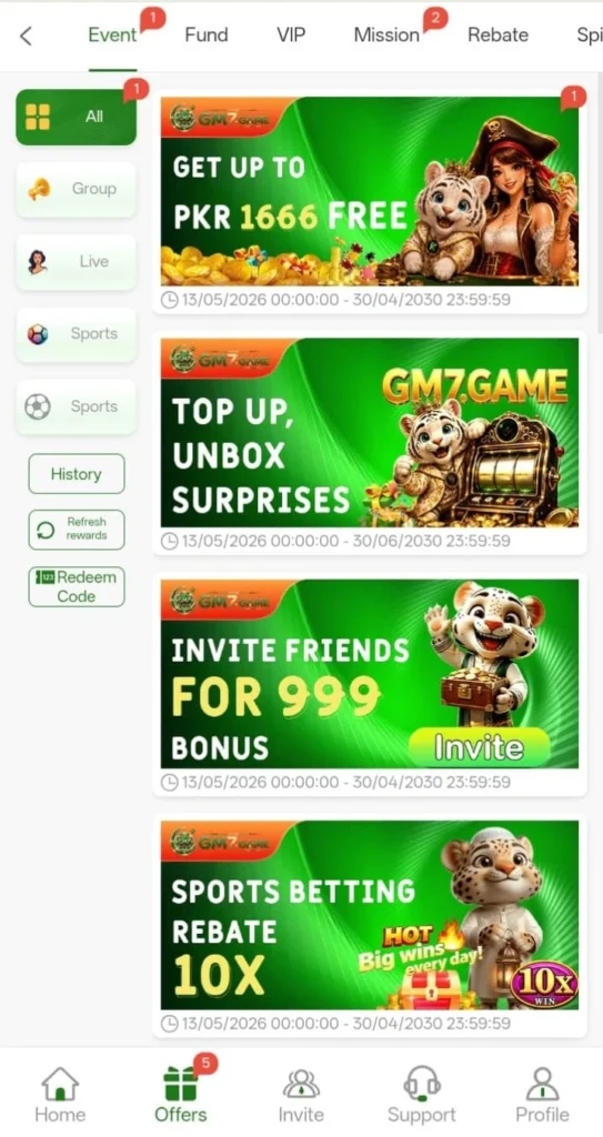 GM7 Game Bonuses image interface
